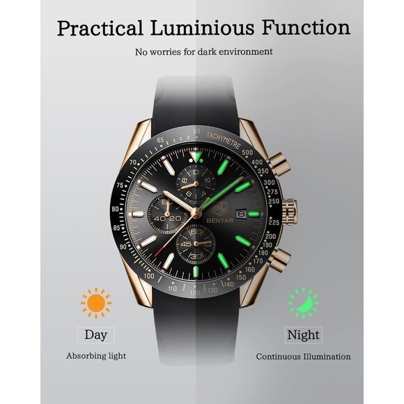 BY BENYAR Men's Black Analog Quartz Chronograph Watch 30M Waterproof Luminous - Picture 5 of 8